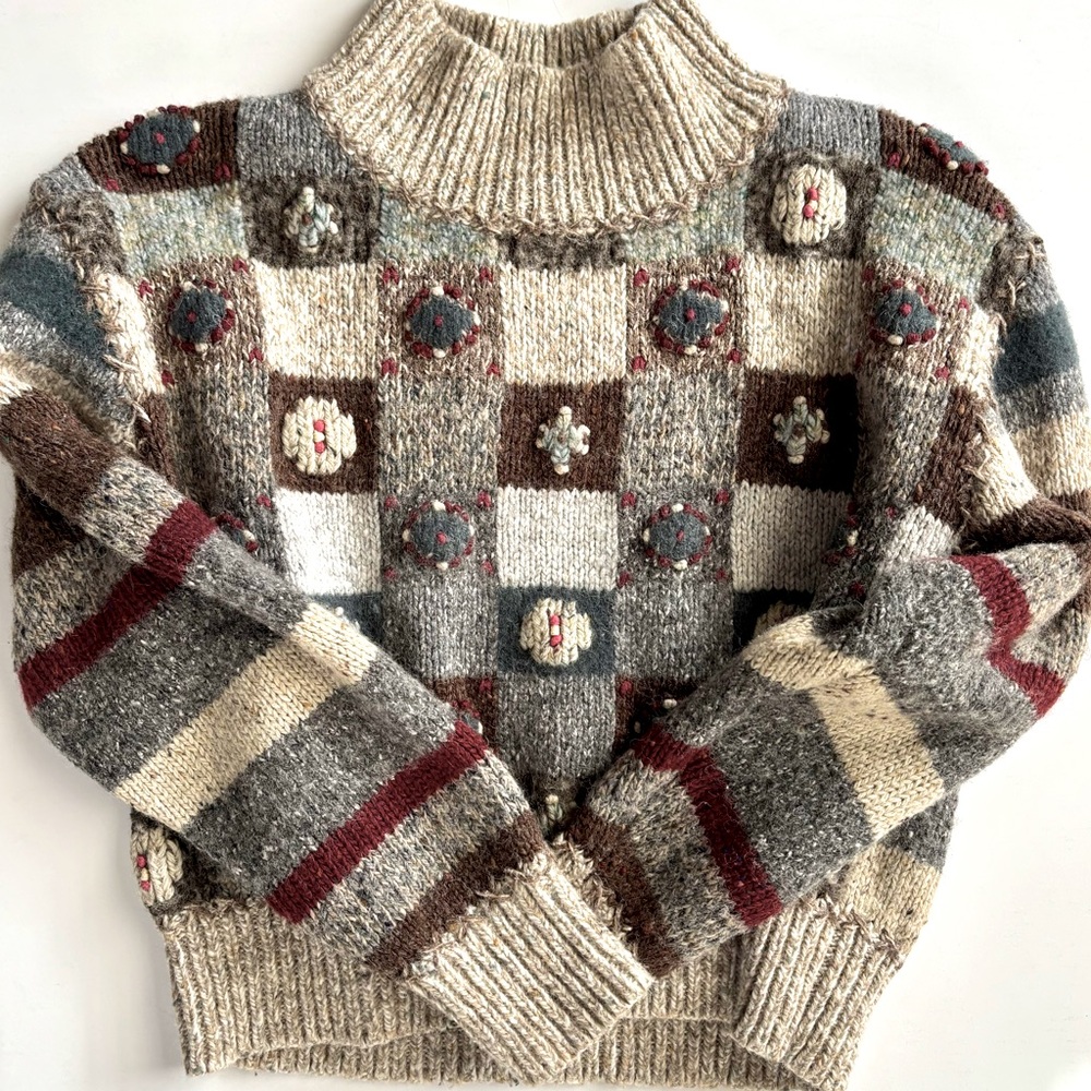 Vintage Multicolor Rosette Floral Patchwork Y2K Handknit Granny‎ Sweater Limited